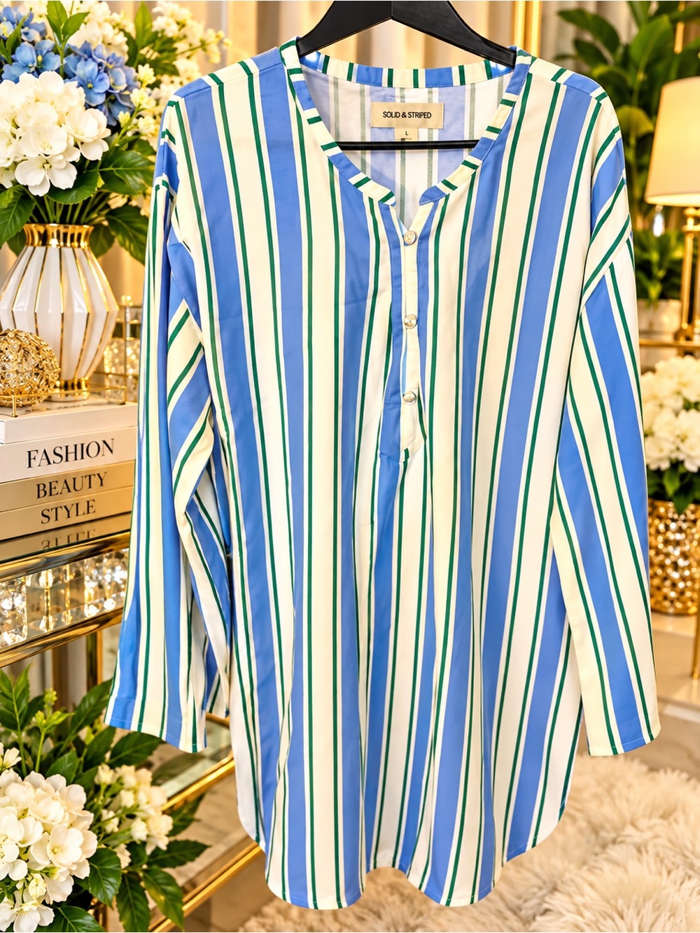SOLID & STRIPED Blue, White & Green Striped Button-Front Tunic